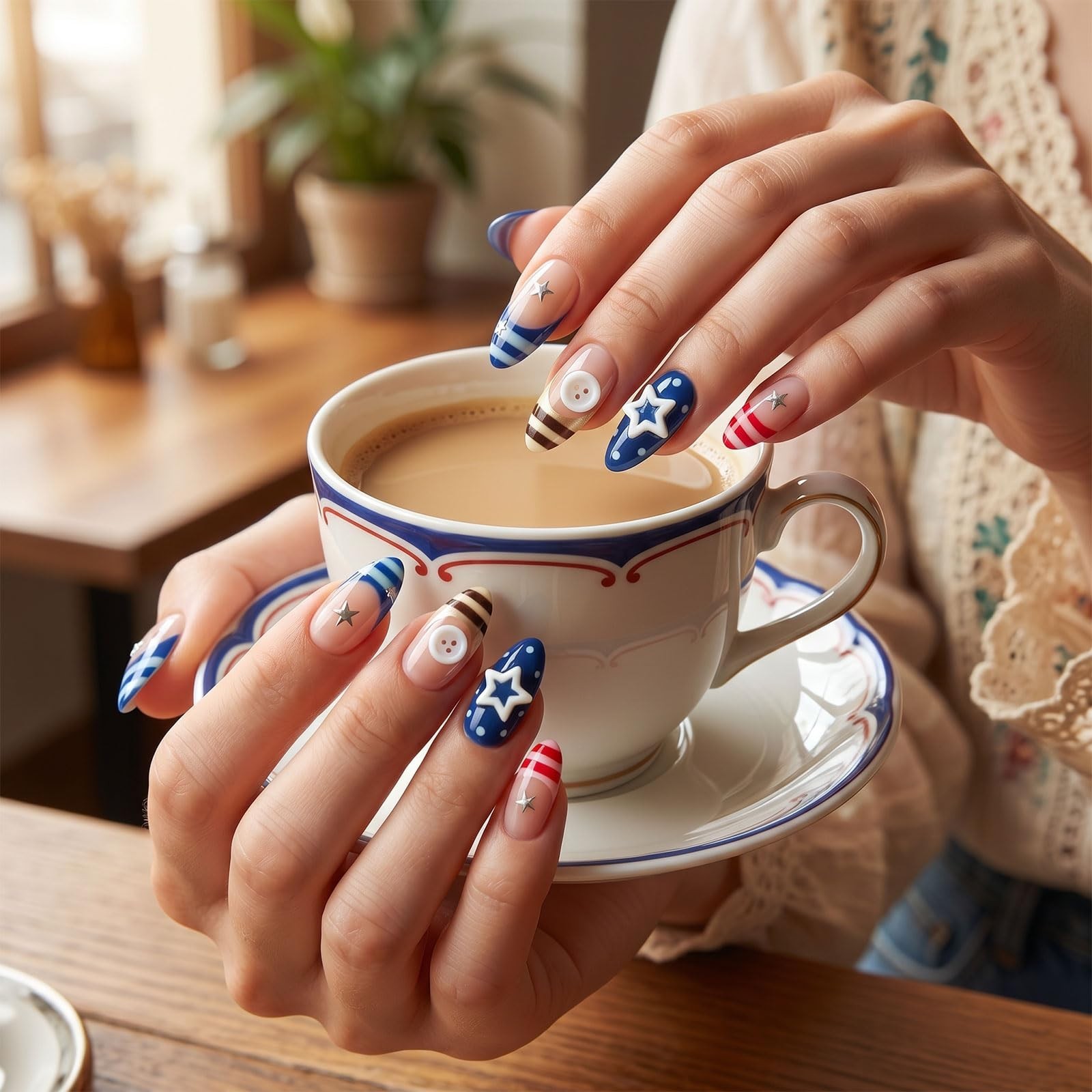Patriotic Blue Almond Press-On Nails – 3D Star & Button Charms, Nautical Stripes