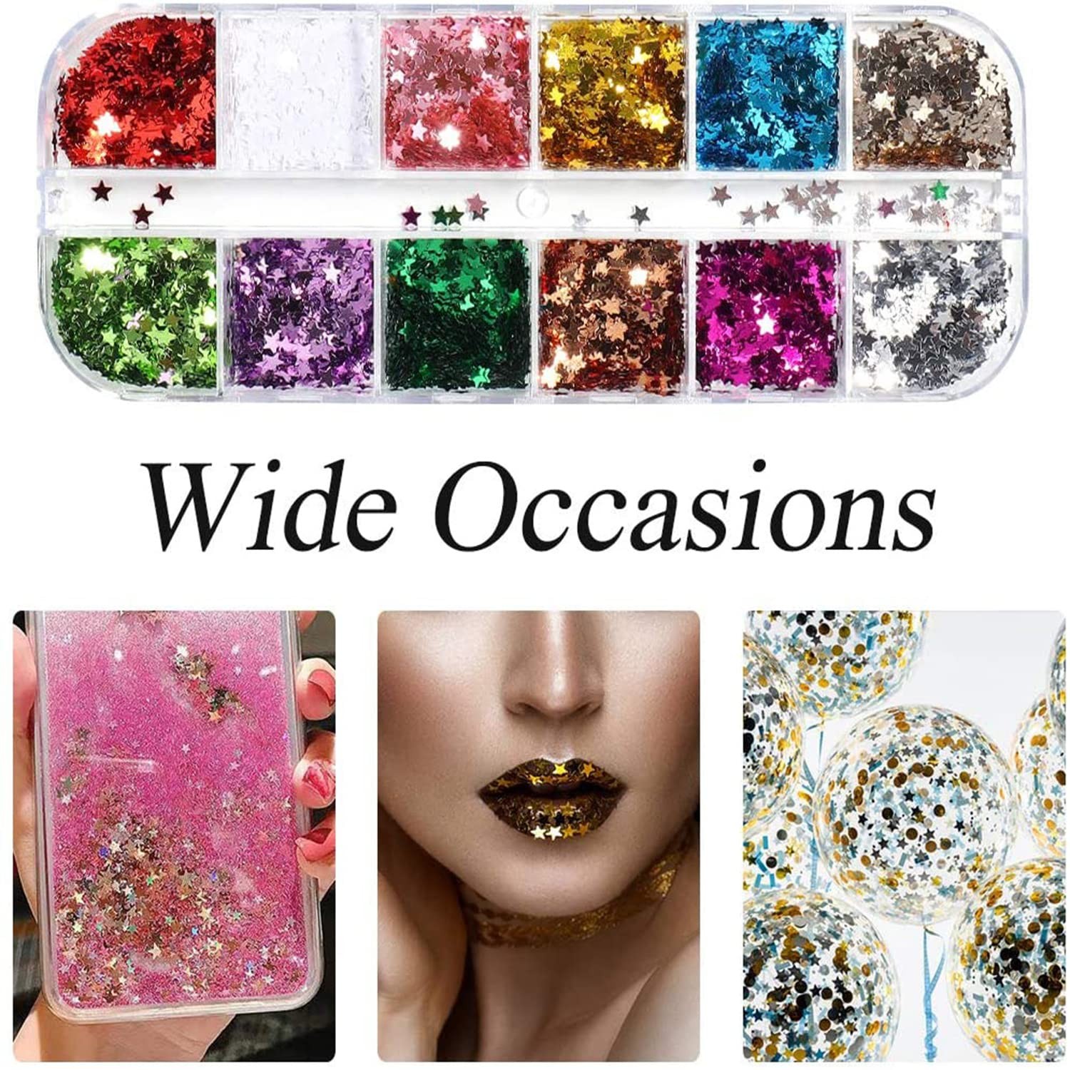 Stars Sequins, 3D Sparkly Five-Pointed Star Nail Flakes, 12 Color Star Nail A…