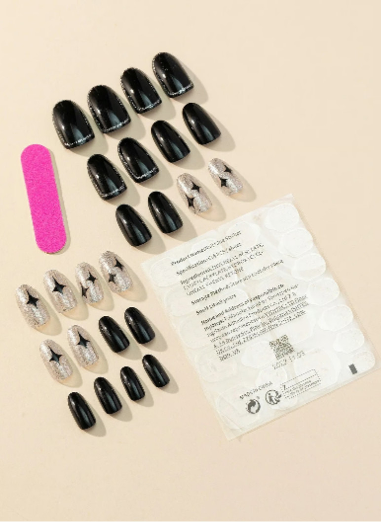Black & Silver Glitter short Press On Nails NEW retro 50’s Vegas style starburst