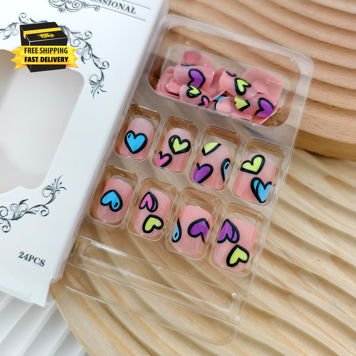 24Pcs Colorful Heart Press on Nails Short Square Fake Nails Blue Yellow Pink Hea