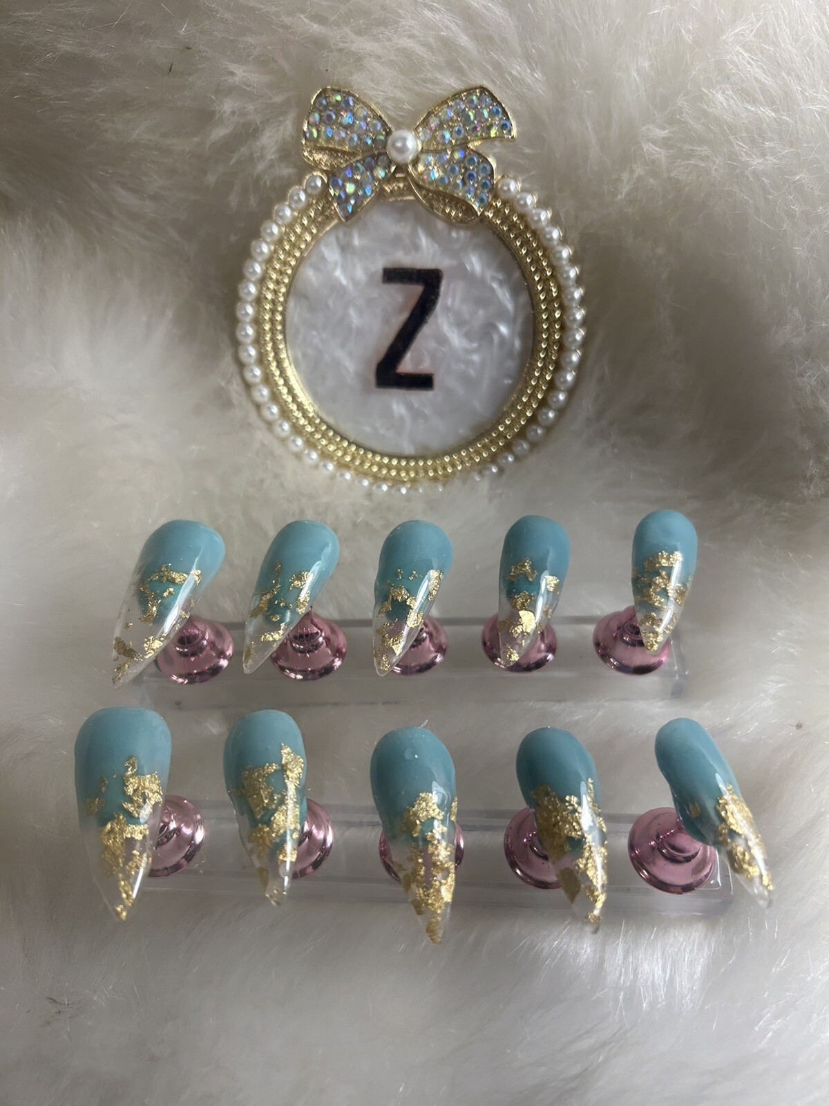 Z NAILZ! Handmade L Stiletto Mint Green/Clear With Gold Flakes Press On Nails