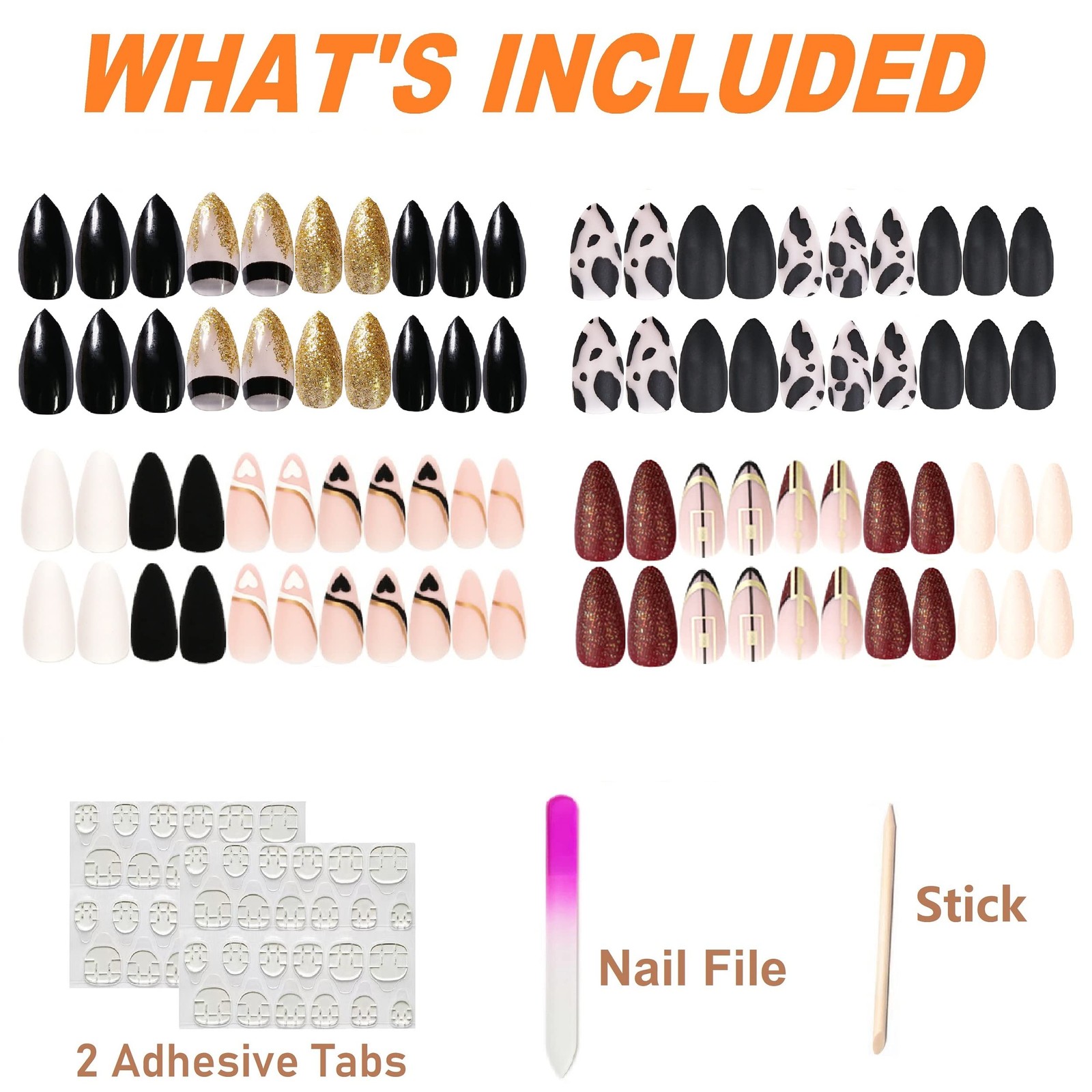 4 Packs (96 Pcs) Press on Nails Medium Gold & Black Almond Design, Matte Fake…
