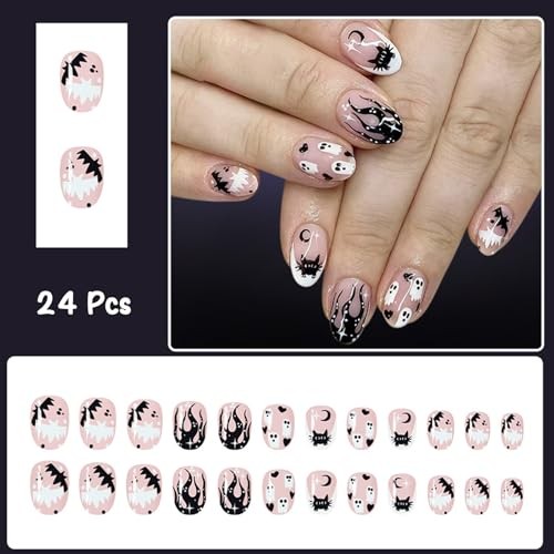 Halloween Press on Nails Short Oval Fake Nails White French Halloween Nails-8