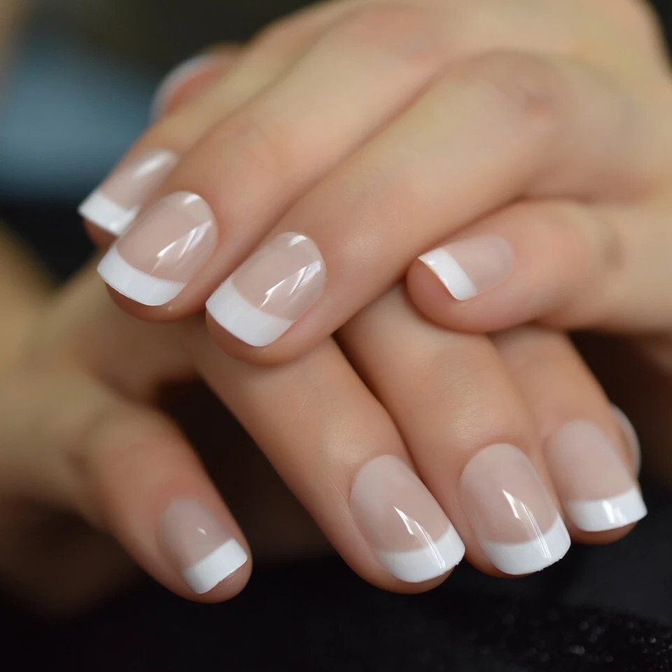 24 Short Press on nail kit w/ glue French Mani Clean line Classic nude white