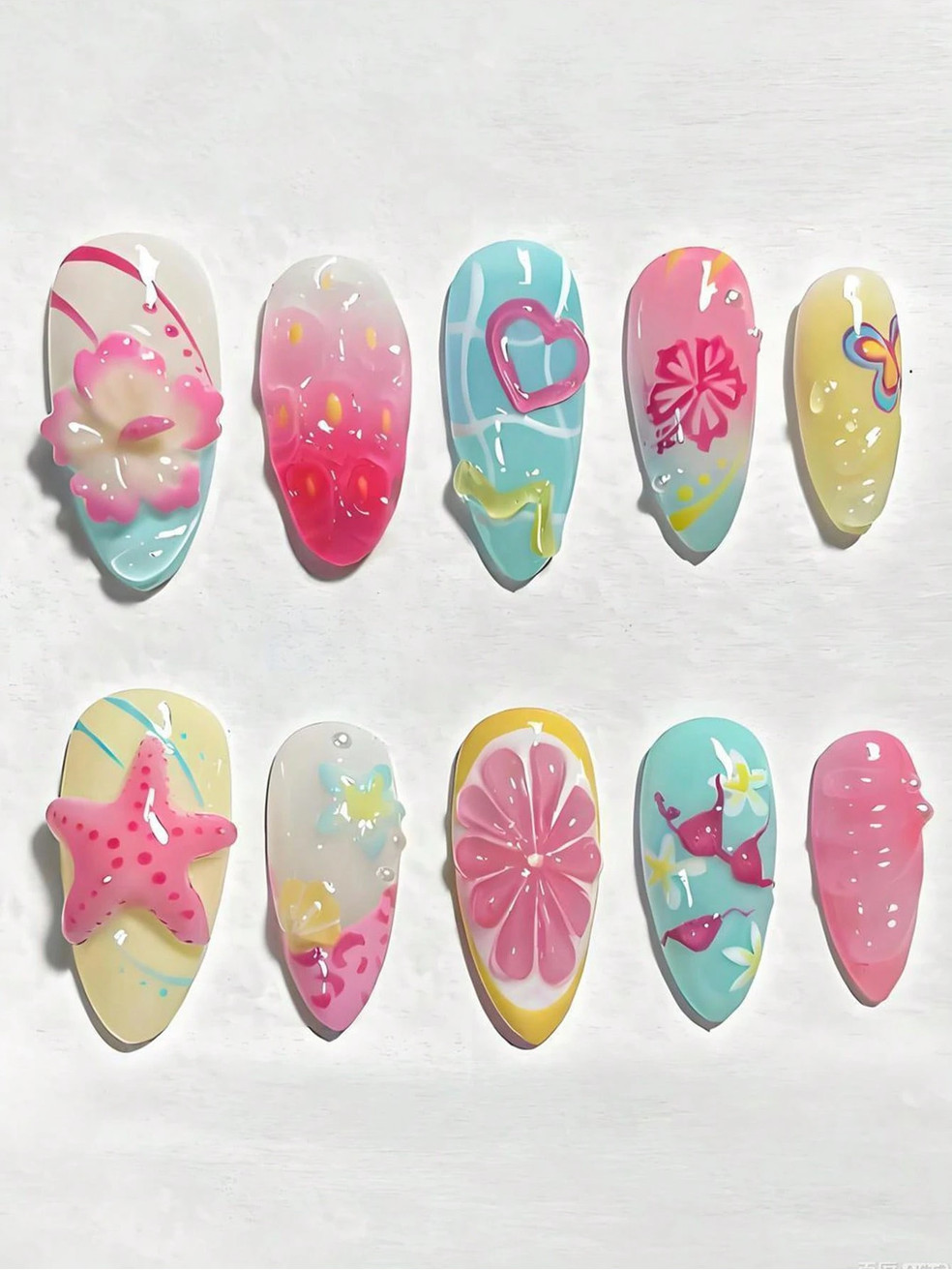 Multicolor Beach Lemon Starfish Bikini Butterfly Press On Nails NEW Summer trend