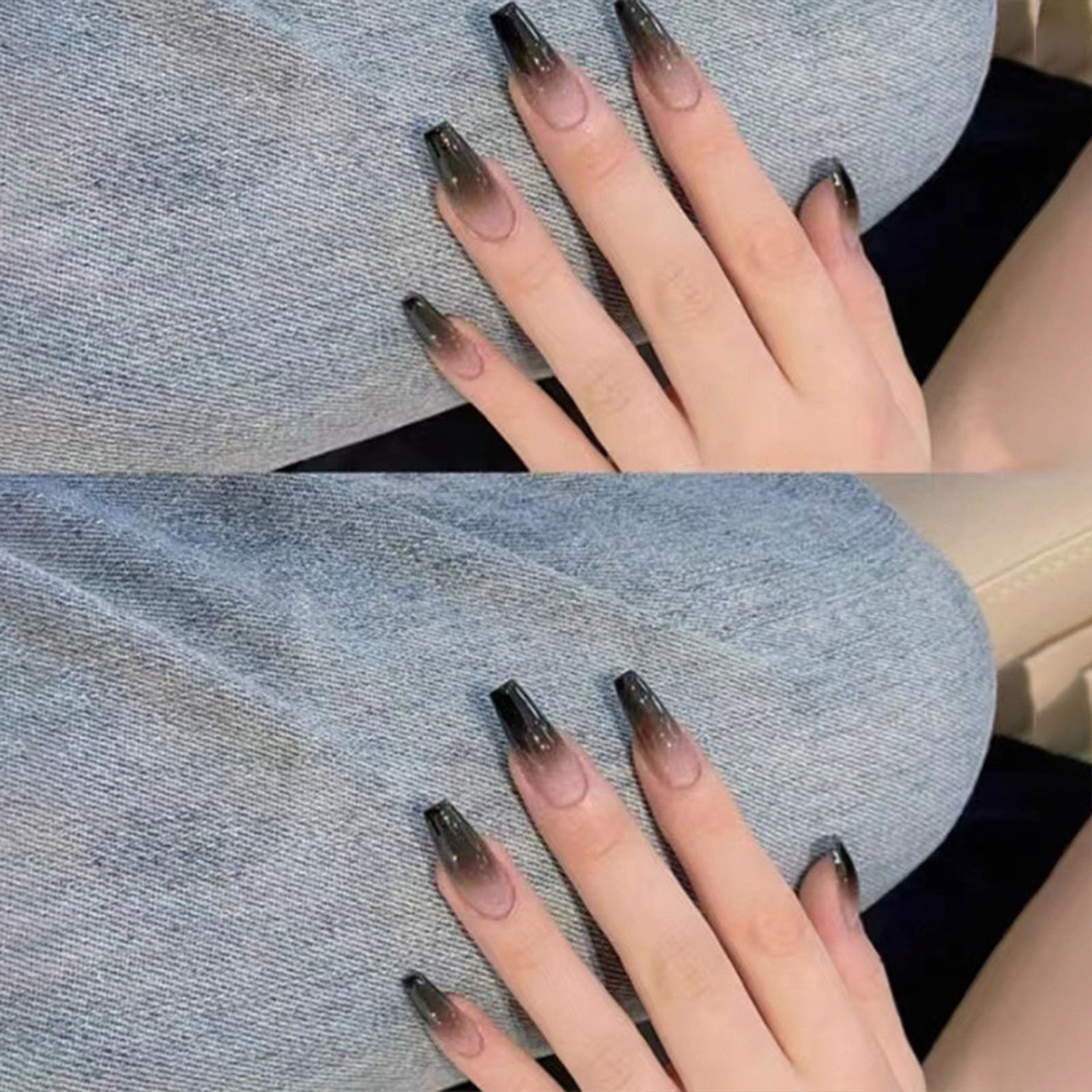 Press on Nails Long Black Gradient French Style Easy to Apply Reusable Fake Nail
