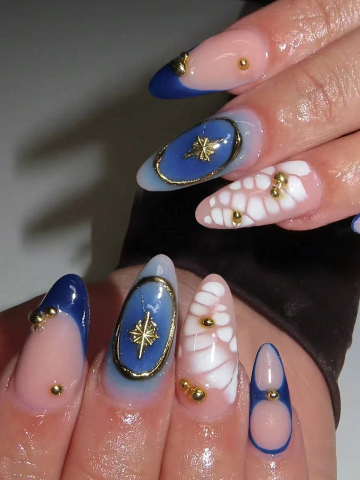 Blue Ombre Starfish Almond Press On Nails with Gold Beads