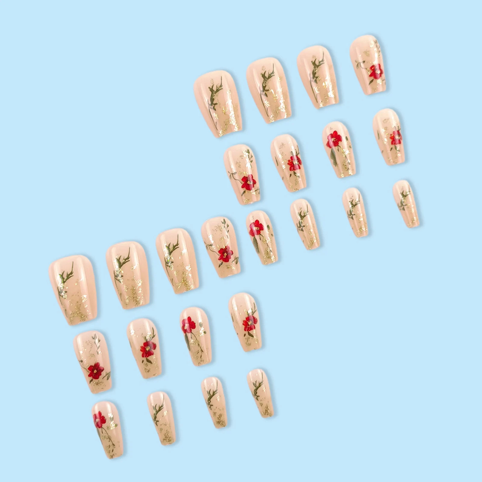 24pcs Spring White Flower Blue French Square Press On Nails