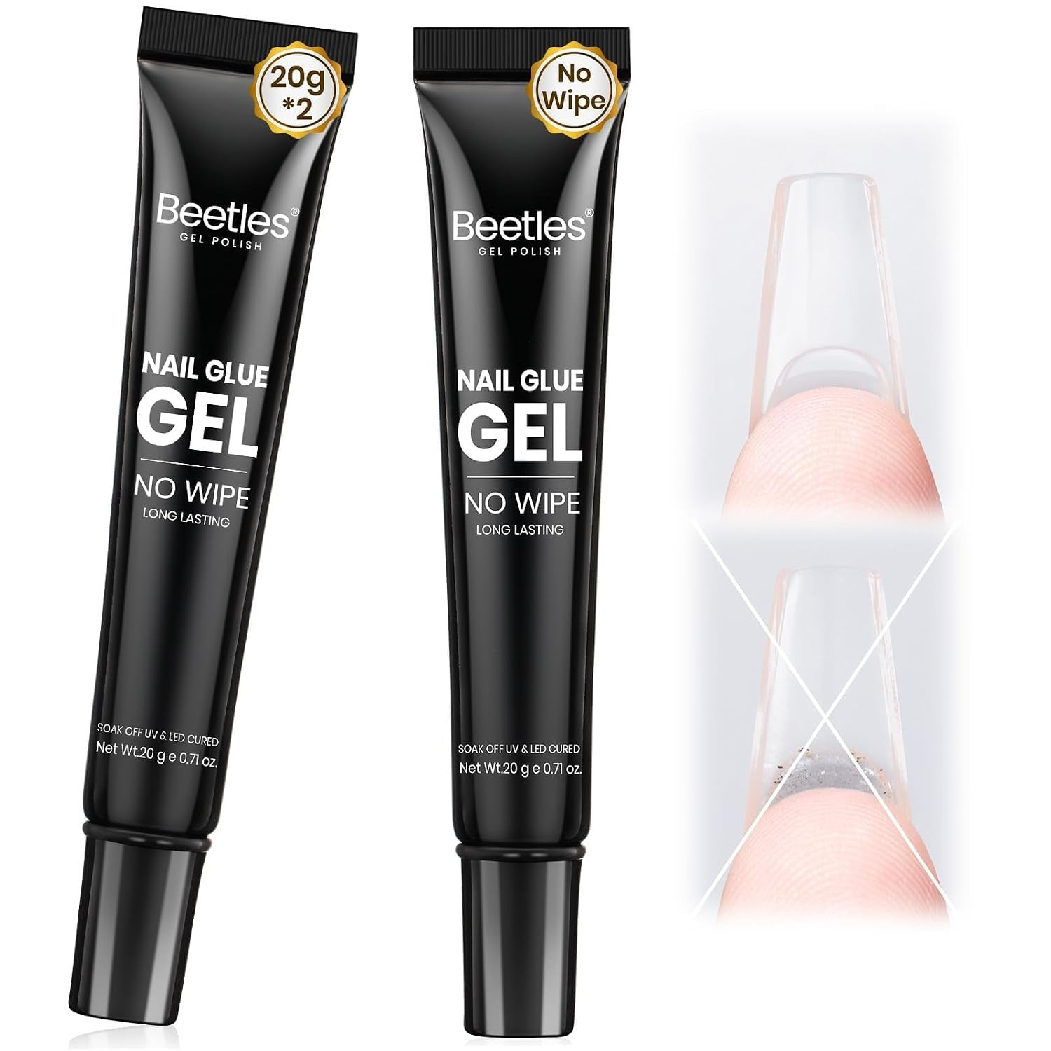 Solid Nail Glue Gel 2Pcs 20G for Nail Tips, No Wipe Hands-Free Nail Tip Glue, Su