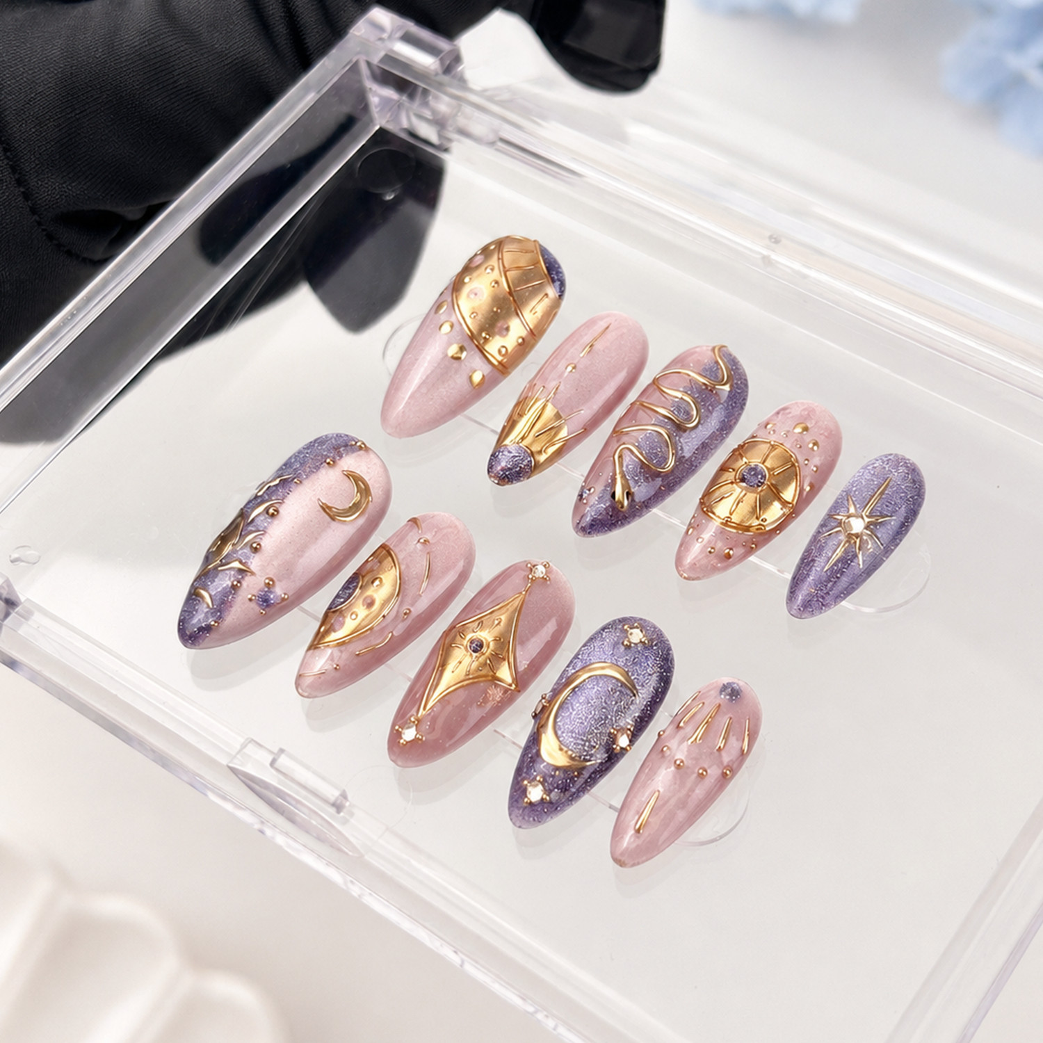 Press On Nails Medium Almond Celestial Moon Star Gold Purple Rhinestone Nail Set