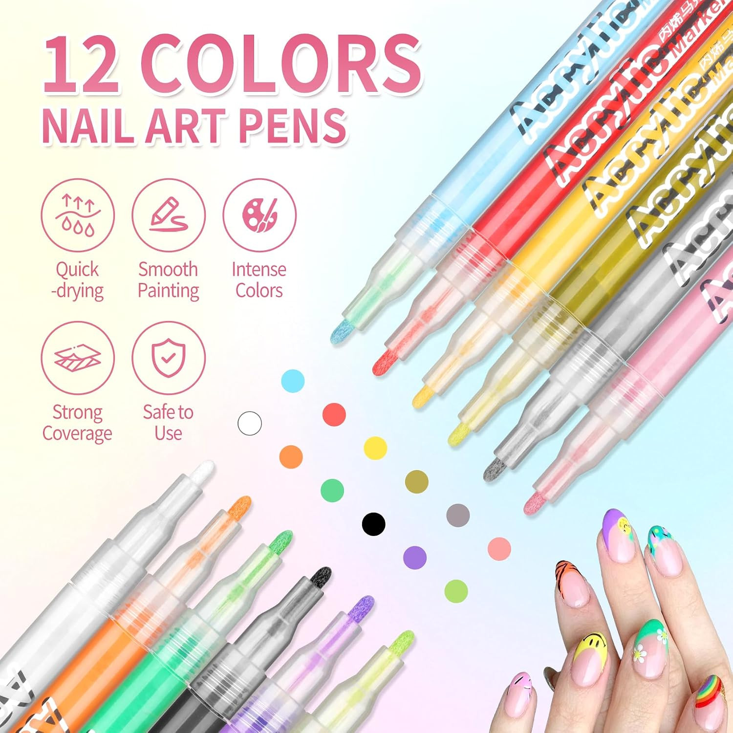 Nail Art Pens for Painting Nails,12 Colors Nail Polish Pens Quick Dry,3D Acrylic