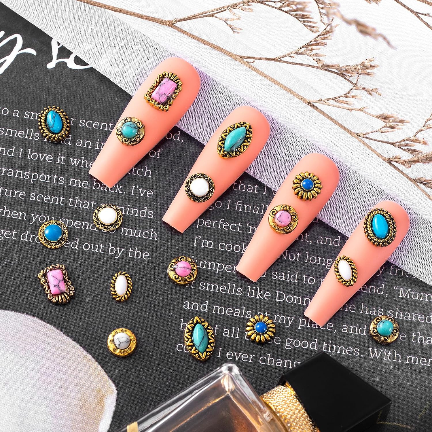 20Pcs Western Nail Charm 3D Turquoise Daisy Nail Art Rhinestones | Vintage Blue