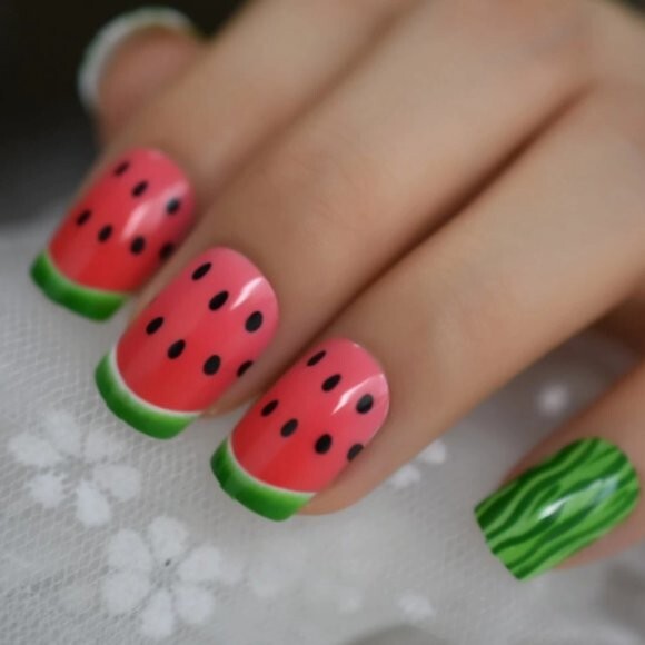 24 Short Watermelon Press On Nails kit glue on pink green seeds cute funny