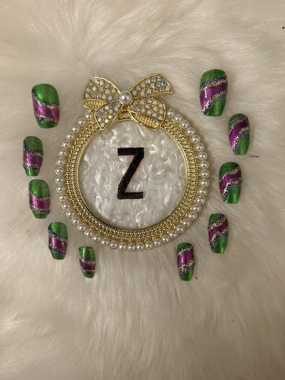 Z NAILZ! Gorgeous Set Of Handmade M Coffin Purple/Green/Gold Press On Nails