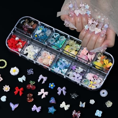 8 Boxes 3D Nail Charms Gems Bulk Flat Back Pearls Stars Flowers Bows Accessories