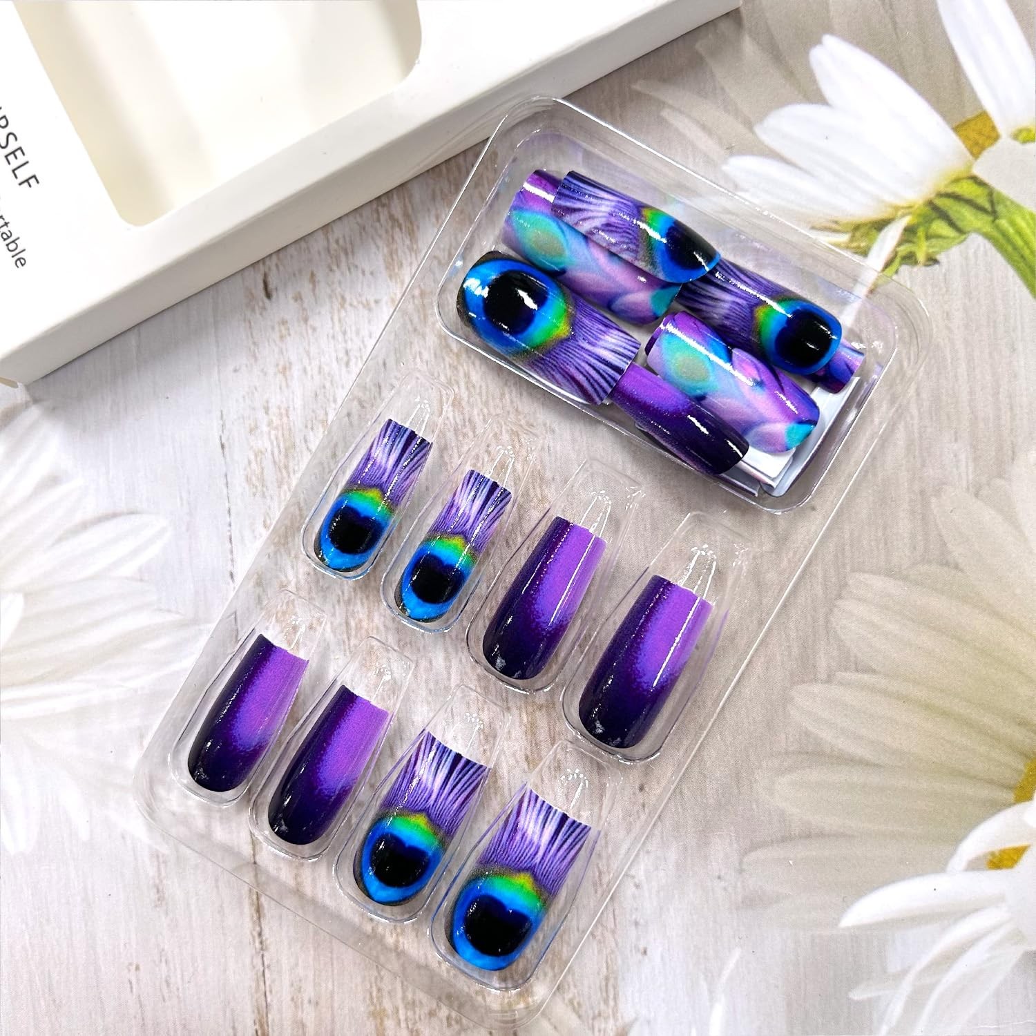 24Pcs Purple Peacock Feather Pattern Design Acrylic Ballet Shaped Glitter Nai…