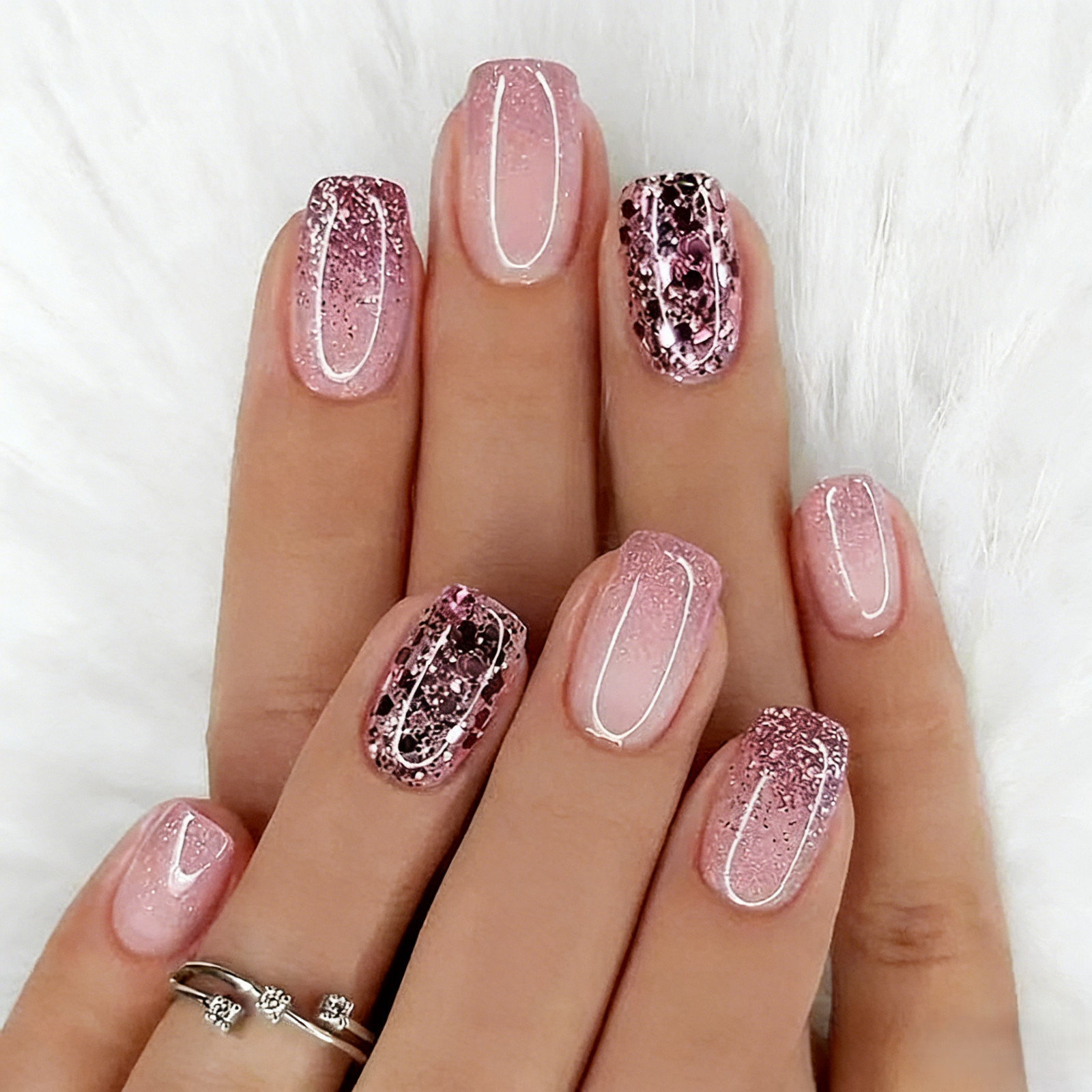 Luxury Pink Glitter Ombre Square Press On Nails with Rhinestones
