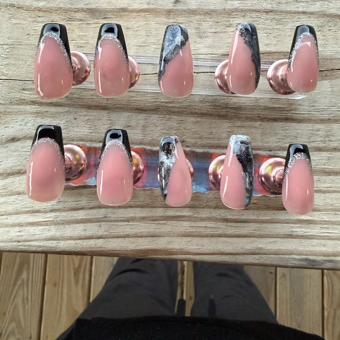 Pink Black Silver French Glitter coffin Medium Full Cover Press-On Nails Set