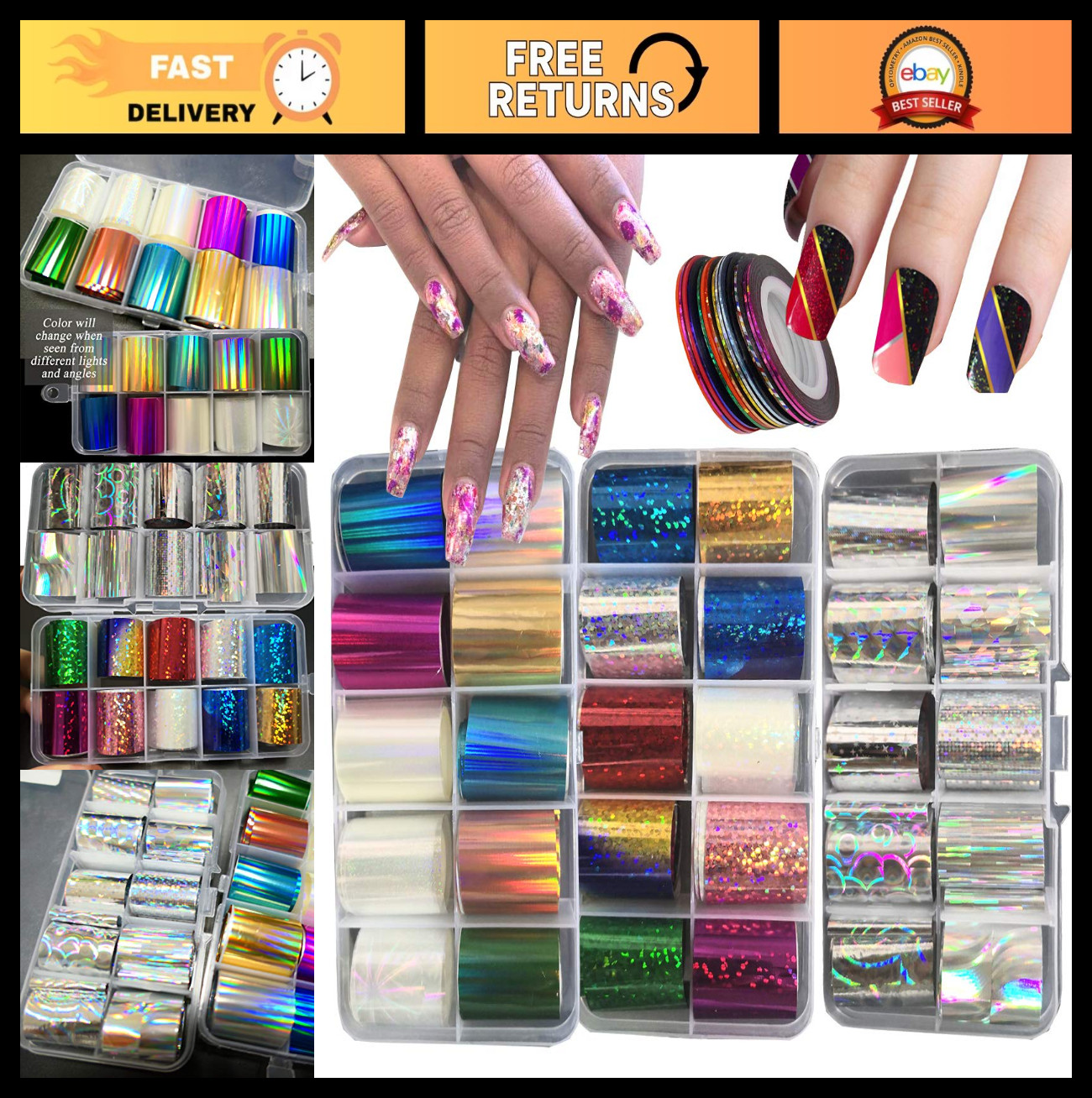 30 Rolls Holographic Nail Foil Stickers & Strip Tape – Silver Laser Nail Art Dec