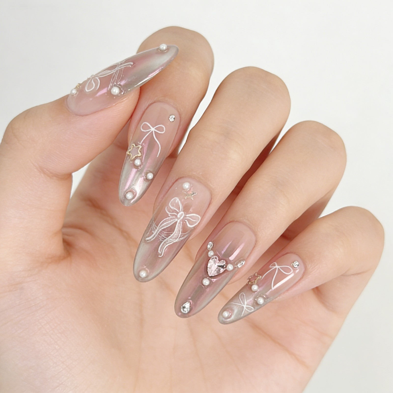 Pink Aurora Bow Press On Nails Almond Pearl Rhinestone Reusable Glue On Set
