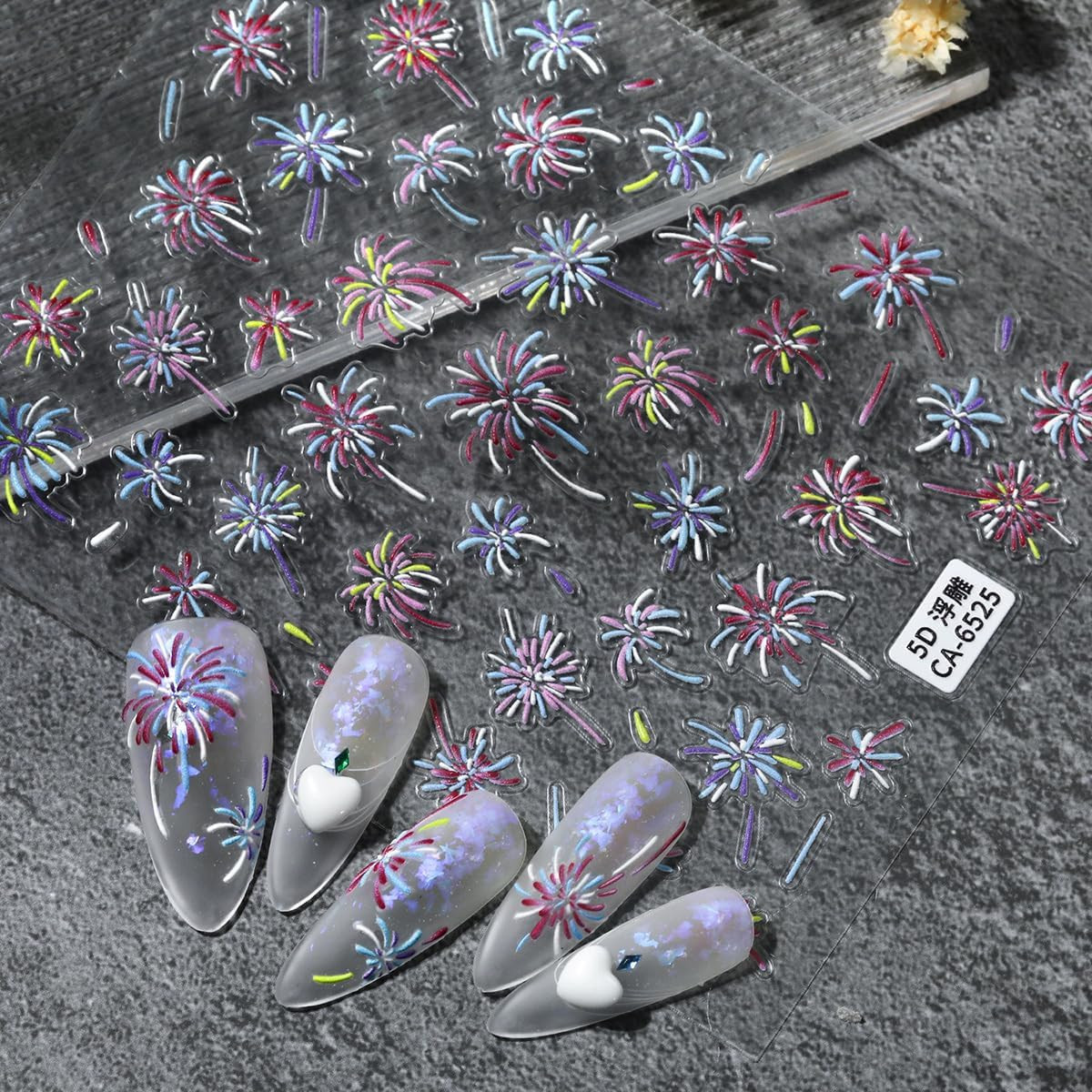 2 Sheets Fireworks Nail Stickers 5D Embossed 4Th of July Nail Art Stickers
