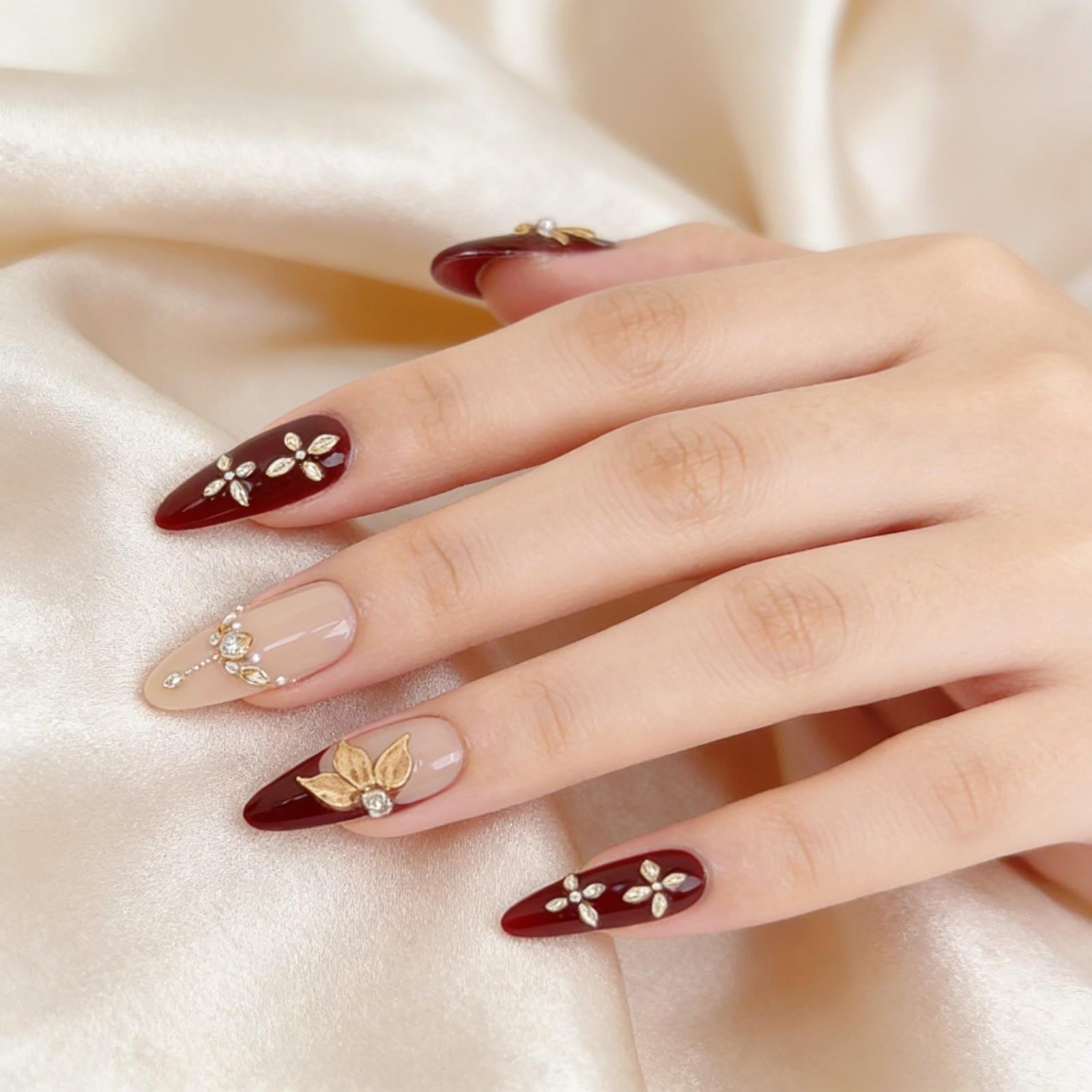 Vintage Gold Maple Leaf Red Press-On Nails with Pearls & Rhinestones Long Almond
