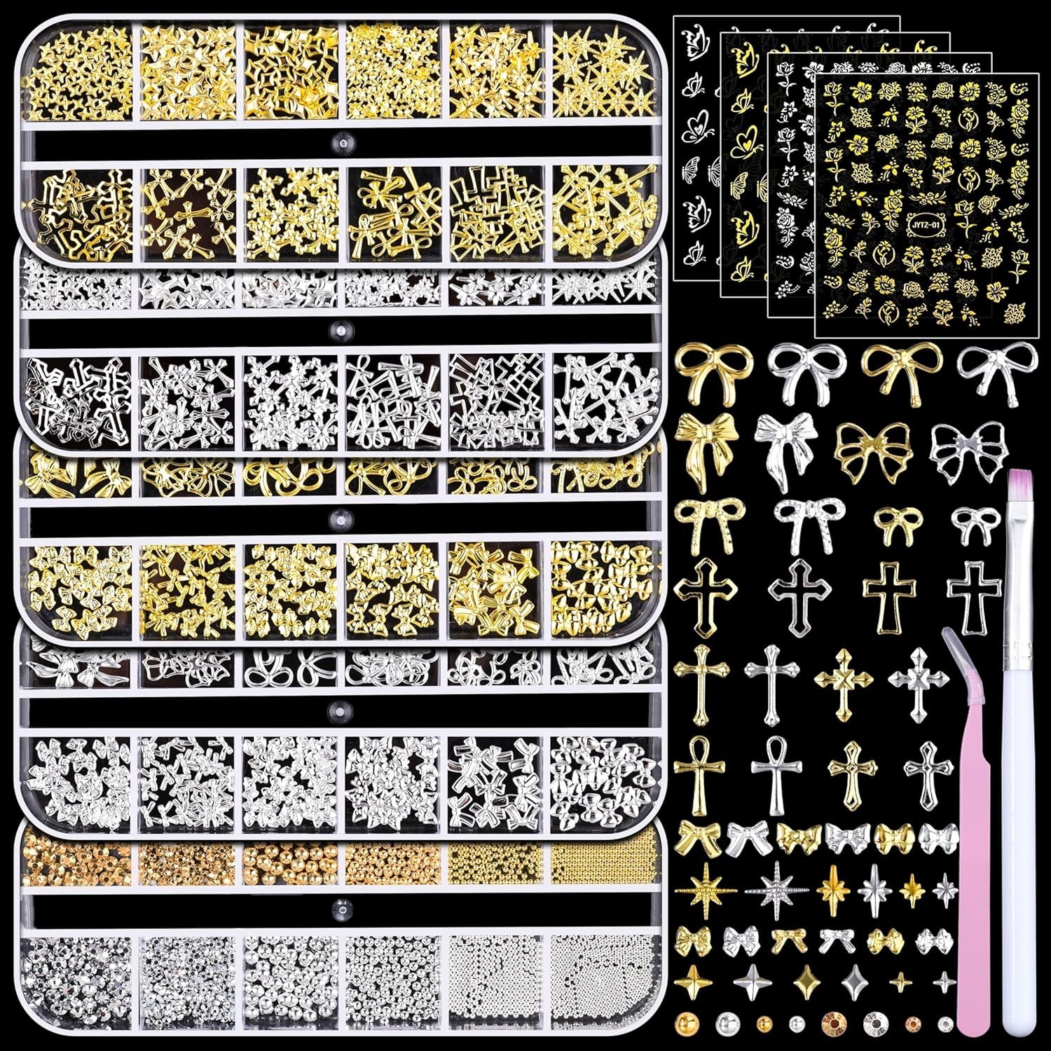Small Round & Star Nail Art Jewels Set with Application Tweezers & Wax Pen