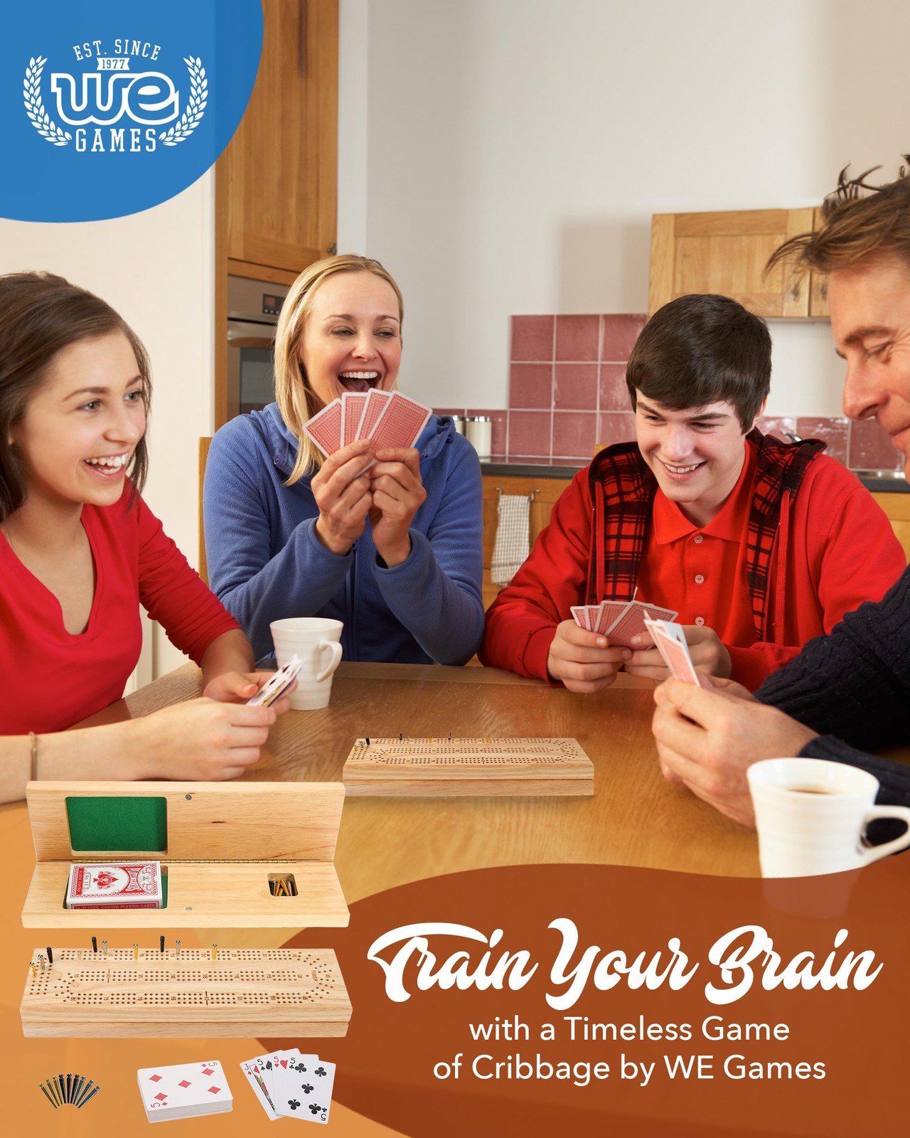 WE Games Wooden Cribbage Board Game Set, 12 x 3.5 x 1.5 inches, Natural