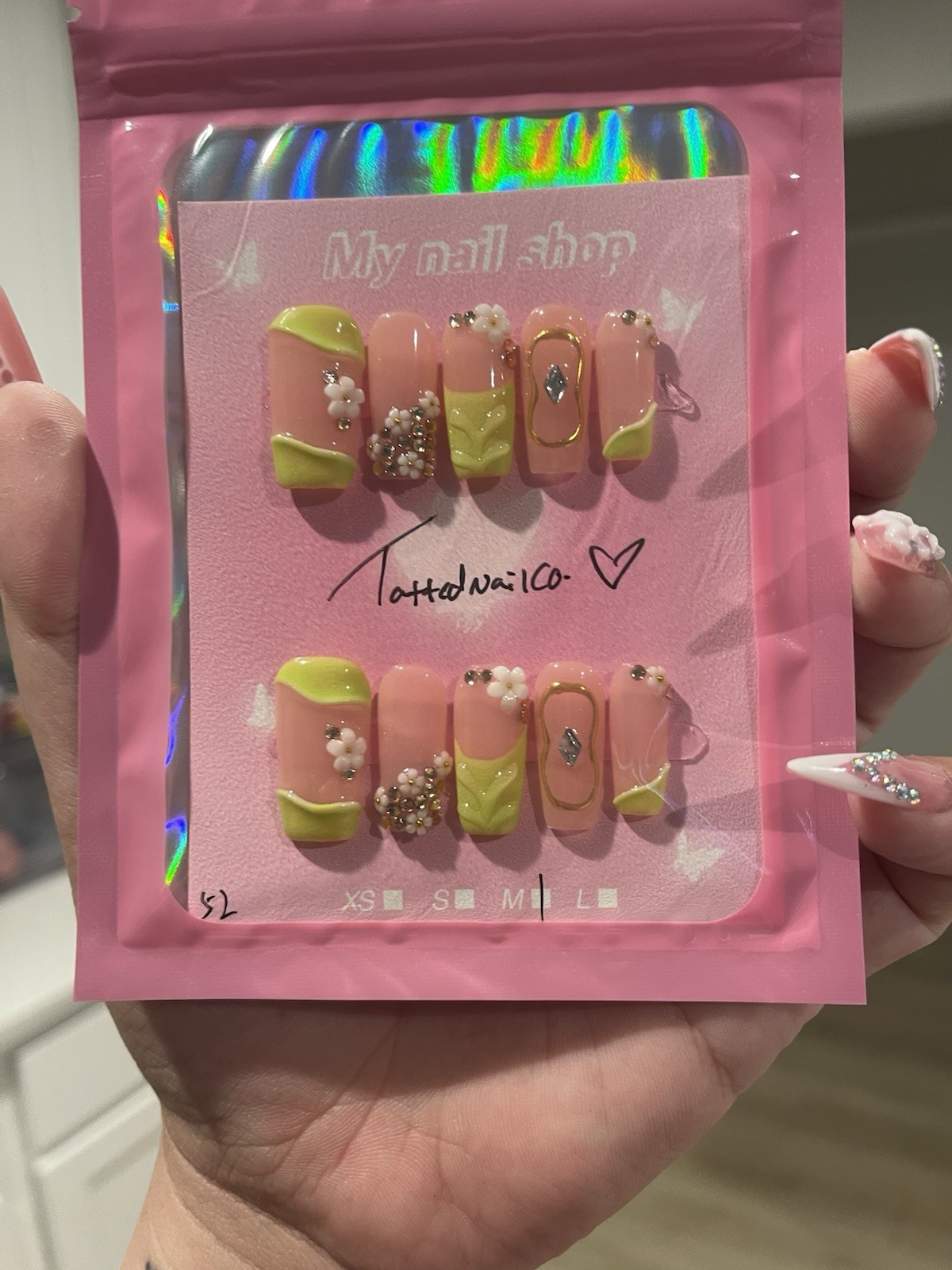 My nail shop Press-On Nails Short Square Pink/Yellow 3D Floral Acrylic