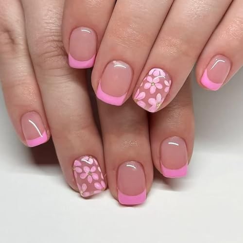French Tip Press On Nails – Short Fake Nails Square Nude Pink – Flowers3