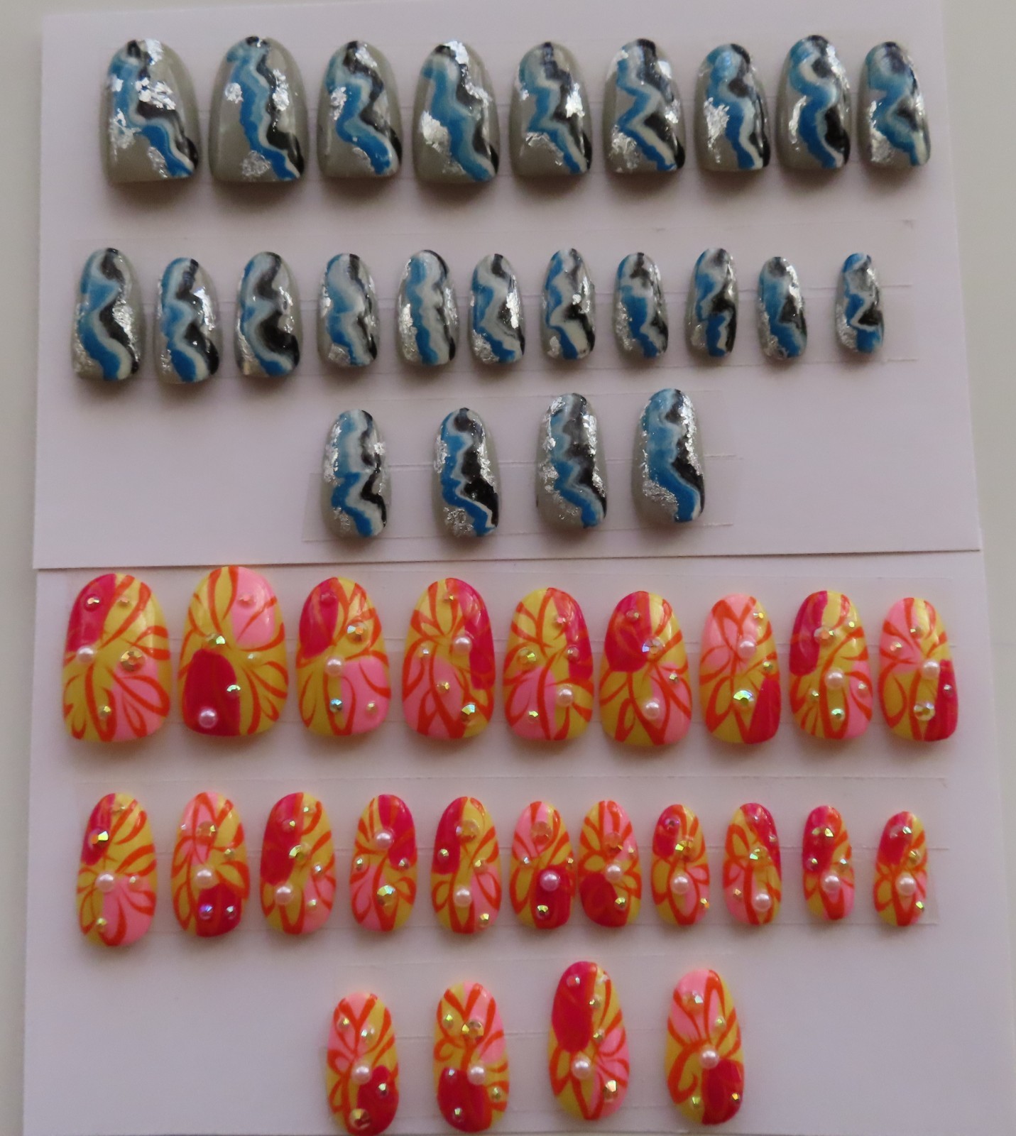 (2) Sets Yellow Red Pink Abstract | Blue Black White Foil Oval Press-On Nails