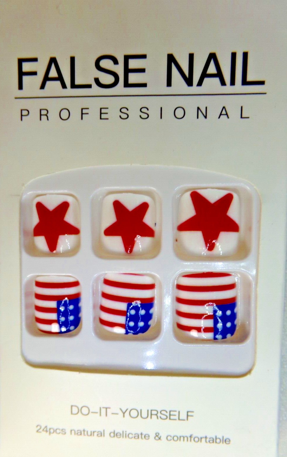 Beautiful Nail Toenails Glue ON -Shiny Red White & Blue American Flag Red Stars