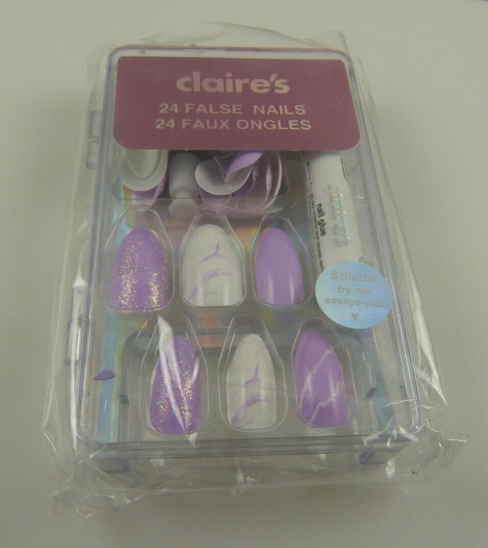 Claire’s faux false nails Purple and white with glue elegant