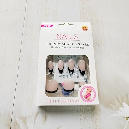 48Pcs Medium Almond Press on Nails and Toes Matching Set Black French Tip Fake