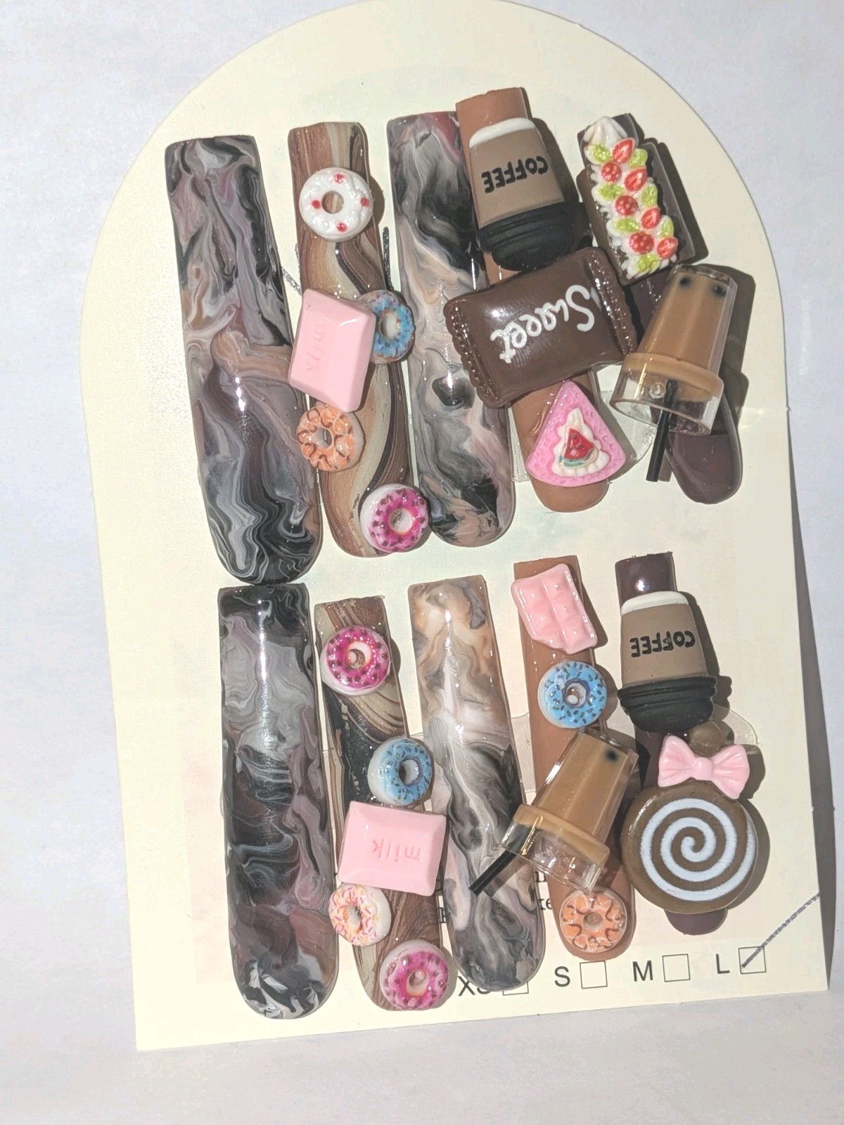 Hand Crafted 3Xl Java Marble Brown & Pink 3D Dessert Press-On Nails Sz Large