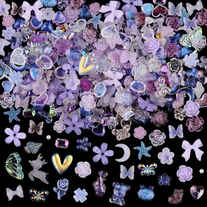100 pcs Sparkling Acrylic Nail Charms – Butterfly, Bear, Flower, Heart MIX