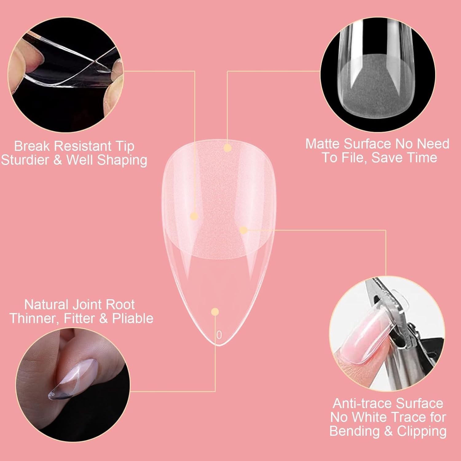 120 Pcs Acrylic Almond Full Cover Nail Tips, Clear Medium Almond Tips Half Matte