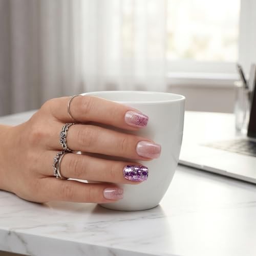 24Pcs Short Square Press on Nails – Nude Pink Gradient Glitter Fake Style24