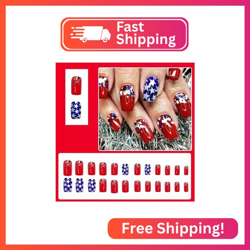 SHUXILIN 24Pcs Square Acrylic Press-On False Nails, 4th of July Flag Design, Gli