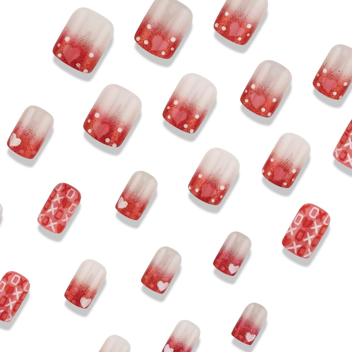 Square Press on Nails Short Red Glitter French Tip Fake Nails Pink Heart Acry…