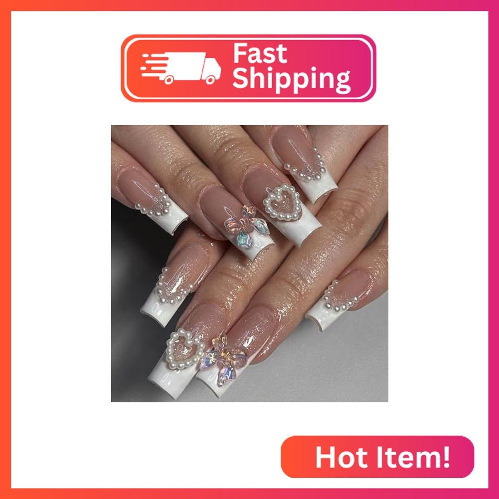 CEWEWP French Tip Press on Nails Long Coffin Square Fake Nails Bow Designs with