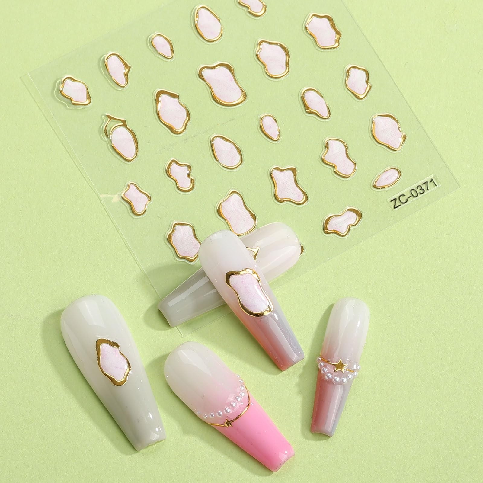 6 Sheets 3D Embossed Gold Irregular Geometric Nail Art Stickers Decals Self