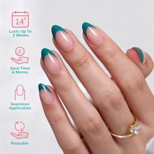 32Pcs Press On Nails Soft Gel Fake Nail – Short Almond, Teal Blue – 4-Teal Blue