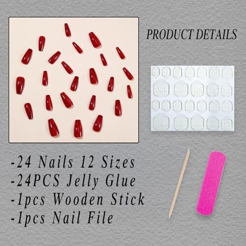 Wine Red Press on Nails Long Square Coffin Fake Nails Glossy Red 3-Red Cat Eye