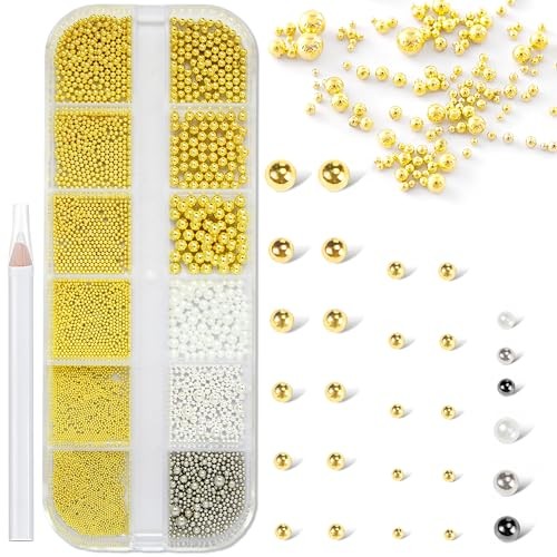 12 Grids 3D Mixed Sizes Gold Caviar Beads Nail Art Charms Multi Size 0.4-3.0MM