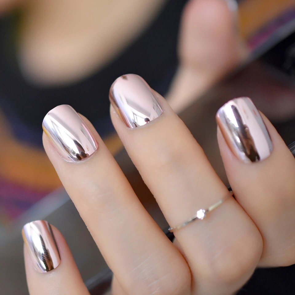 Light Pink Chrome Press On Nails Short Mirror Silver metallic GLUE ON