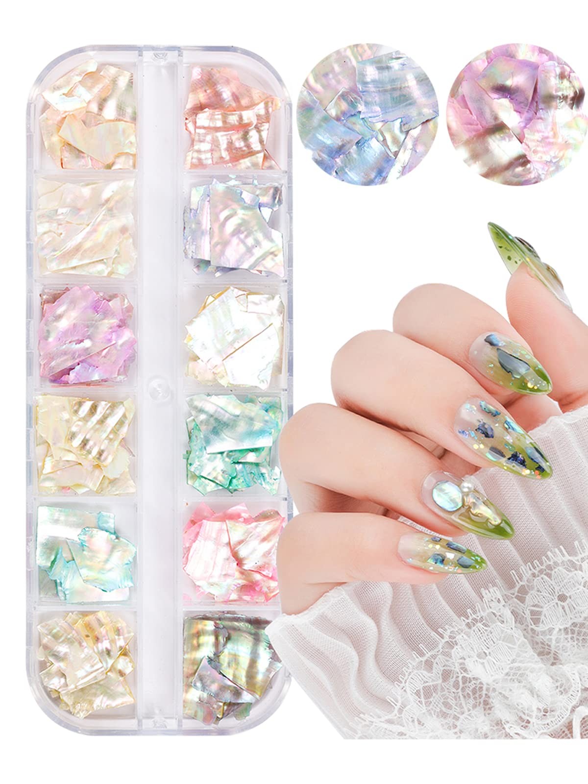24 Grids Seashell Nail Art Nail Flakes, Irregular Abalone Seashell Slices for…