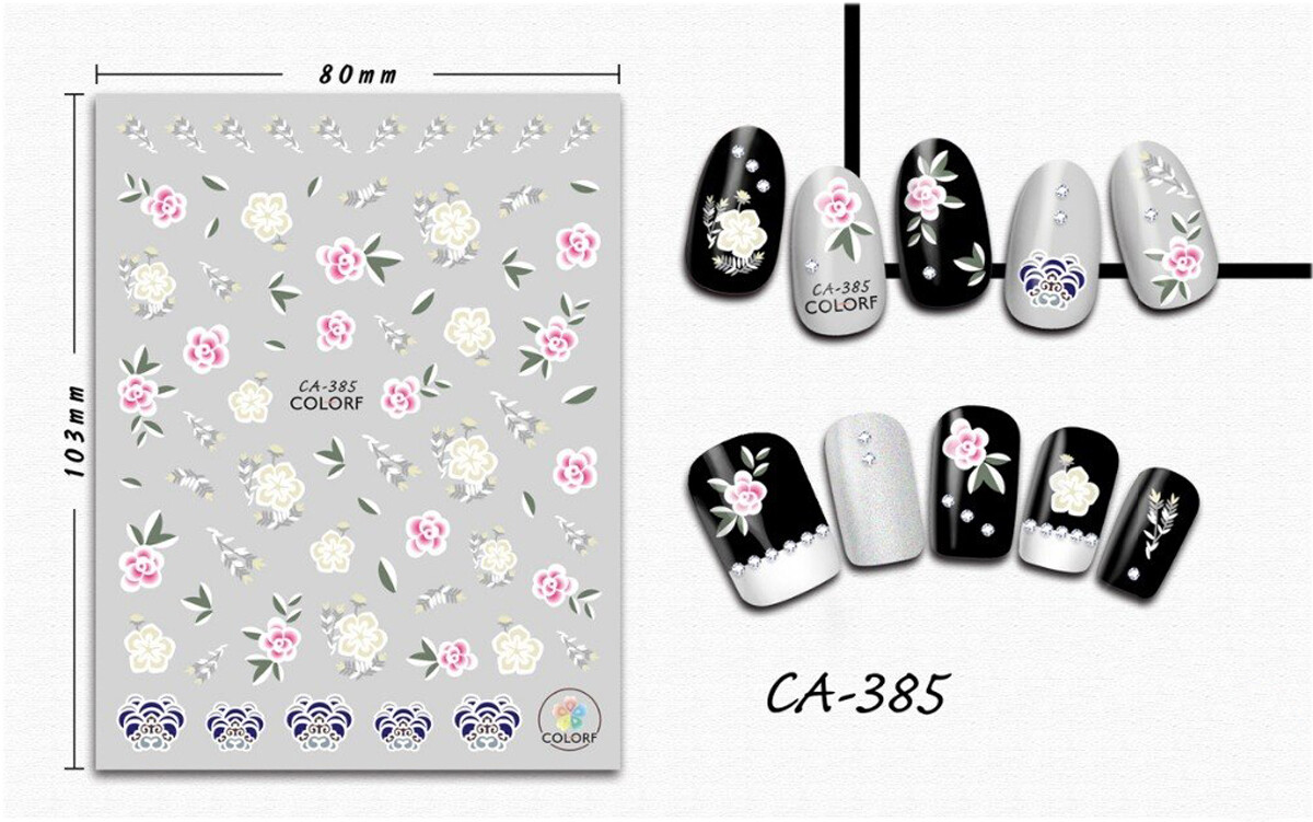 Nail art 3D stickers decal pink white yellow roses purple flowers CA385