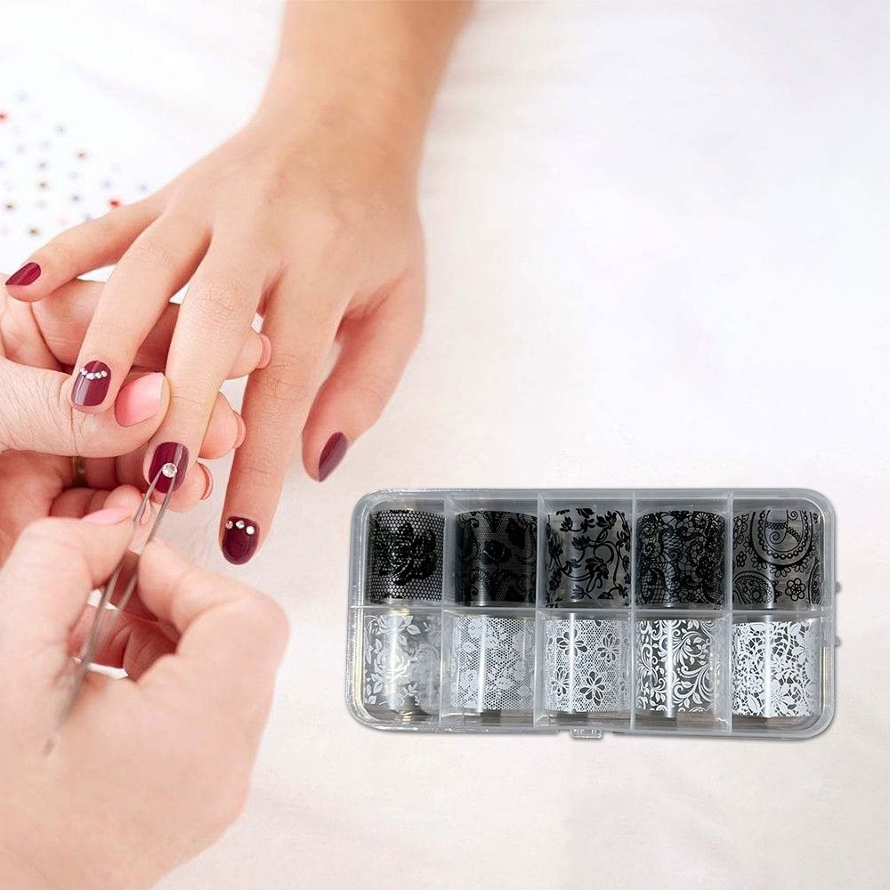 10 Rolls Sexy Lace Nail Foils Black White Transfer Paper Nail Art Stickers AE