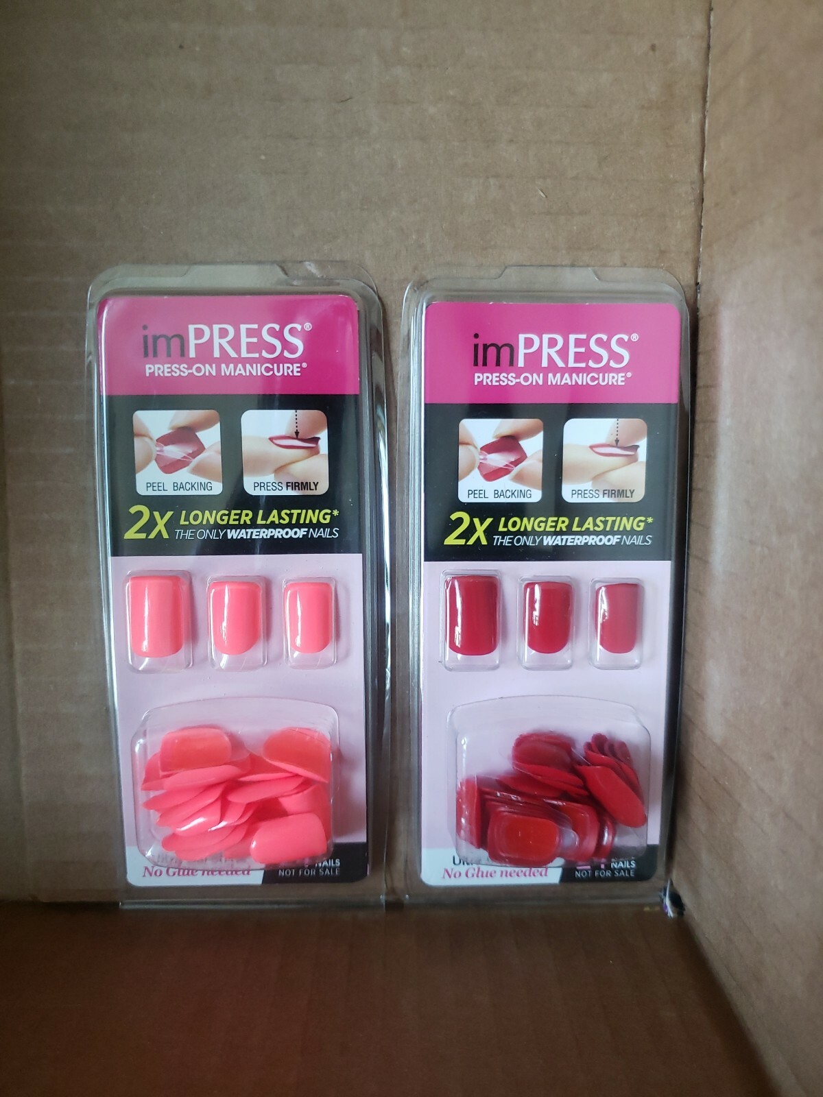 2 sets Impress Gel Manicure Press On Nails Neon Pink Classic Red 24 nails each